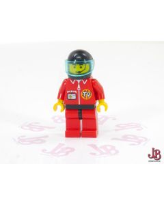 A used Lego Minifigure - twn025 - Town / Town Jr. - TV Logo in Globe on Red Jacket, Red Legs with Black Hips, Headset Pattern