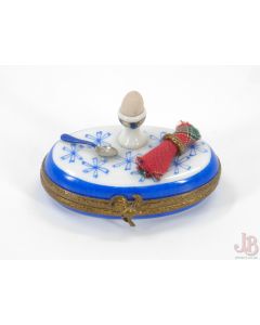 Limoges France Trinket Box - Boiled egg  spoon and napkin - hand painted