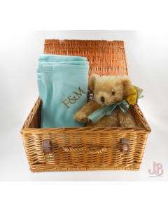 Fortnum Mason F&M wicker hamper basket, Merrythought Mohair Teddy Bear + blanket