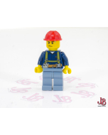 A used Lego Minifigure - cty0530 - Town / City / Construction - Construction Worker - Shirt with Harness and Wrench, Sand Blue Legs, Red Construction Helmet